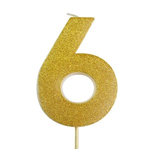 Gold Glitter Number 6 Candle 4"