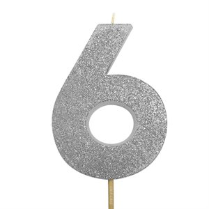 Silver Glitter Number 6 Candle 4"