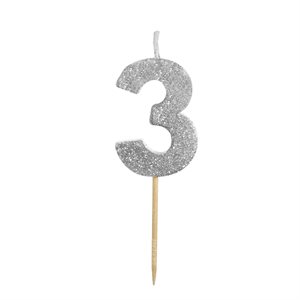 Silver Glitter Number 3 Candle 1 3 / 4"